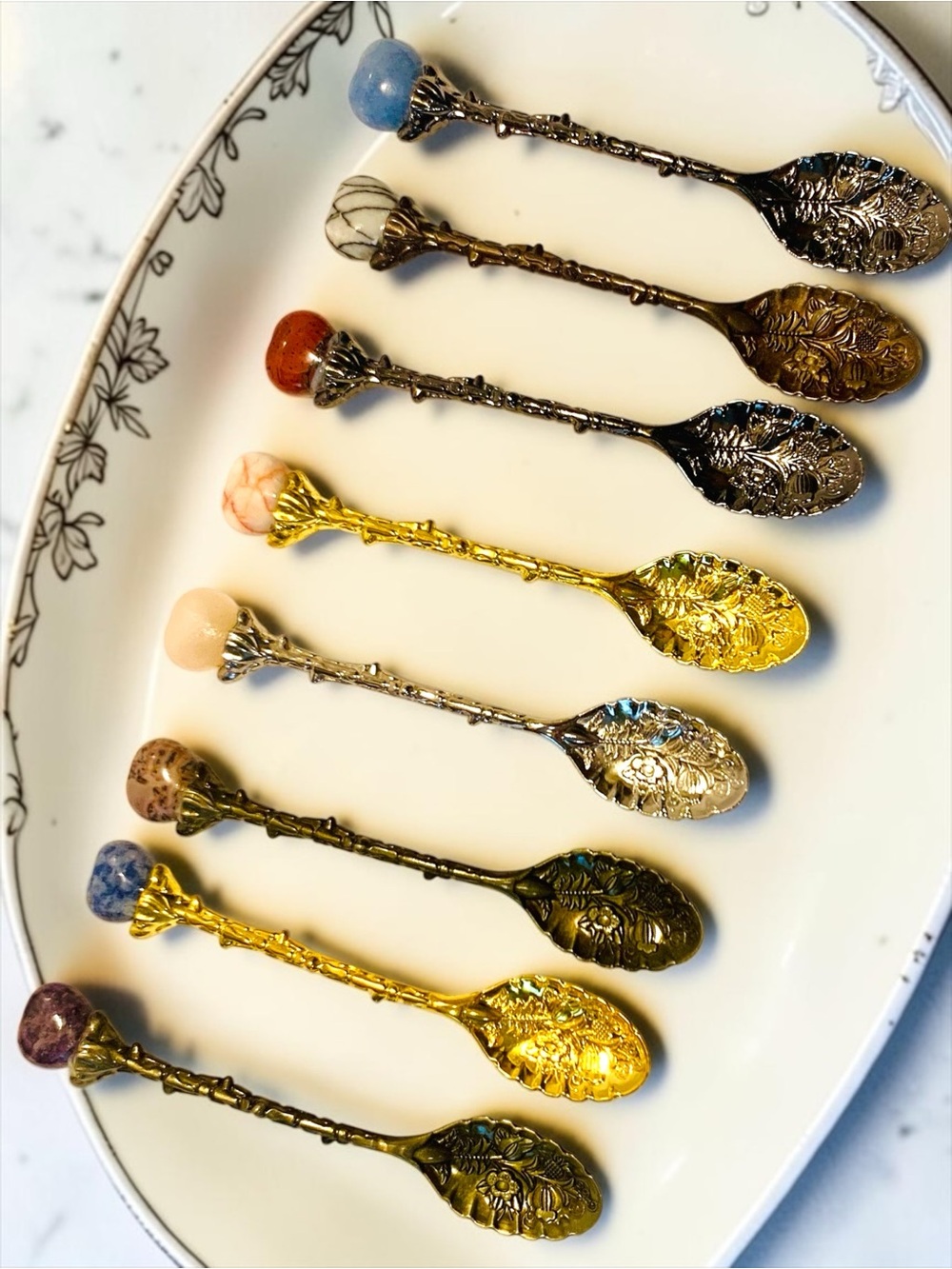 Ornate Decorative Assorted Metal & Heart Stone-Top Dessert Spoons. Hand tooled. - Picture 4 of 5